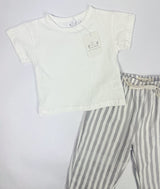 A toddler white t-shirt and grey and white striped pants on a white background.