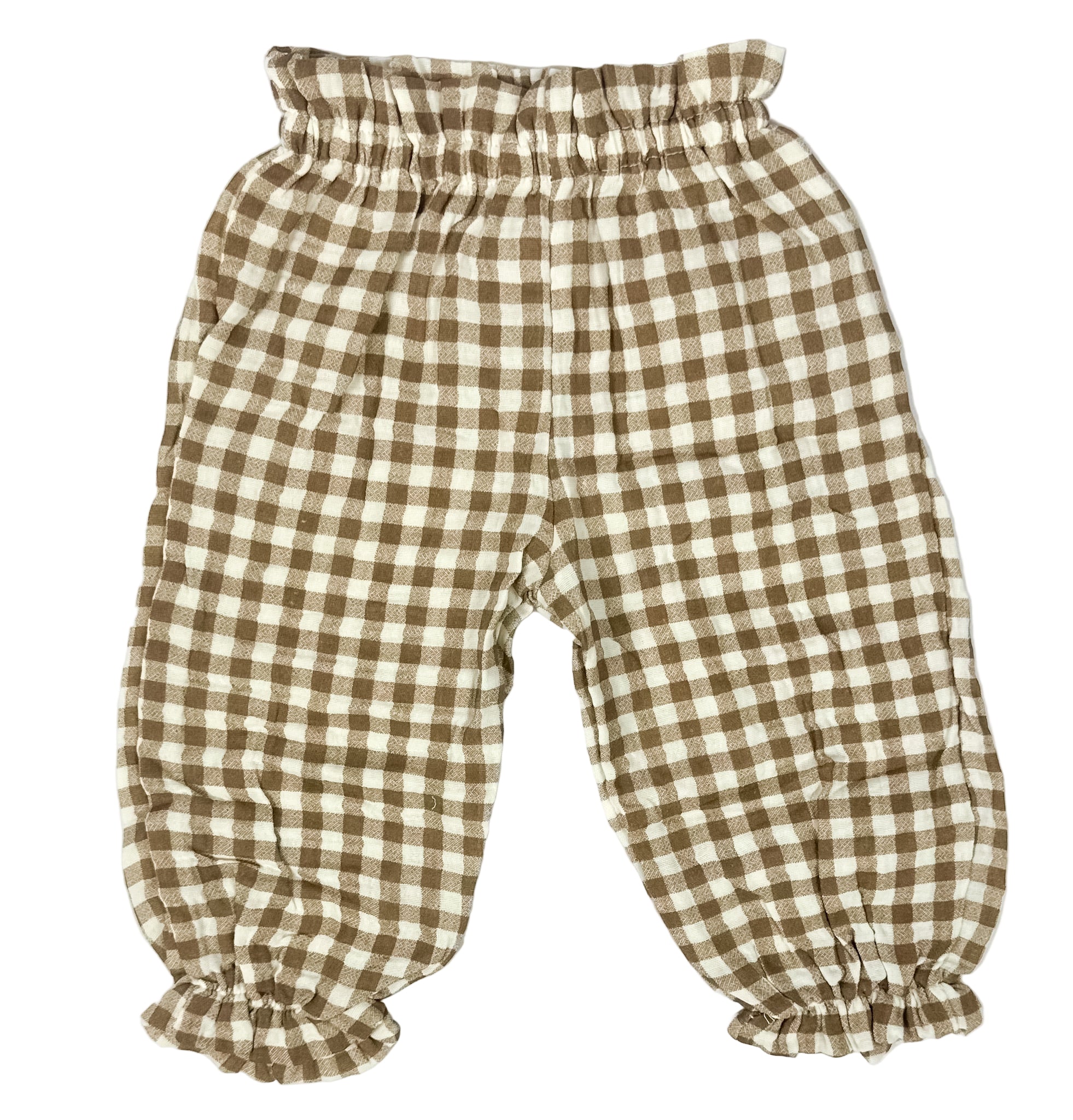 Brown and white checkered baby pants on a white background