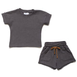 Toddler gray t-shirt and shorts set on a white background