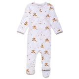 Baby footie with teddy bear pattern on a white background