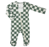 A green and white checkered organic cotton footie for babies with fold-over mitten cuffs and a zipper down the front.