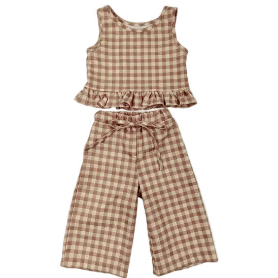 Brown checkered top and wide-leg pants set on a white background.