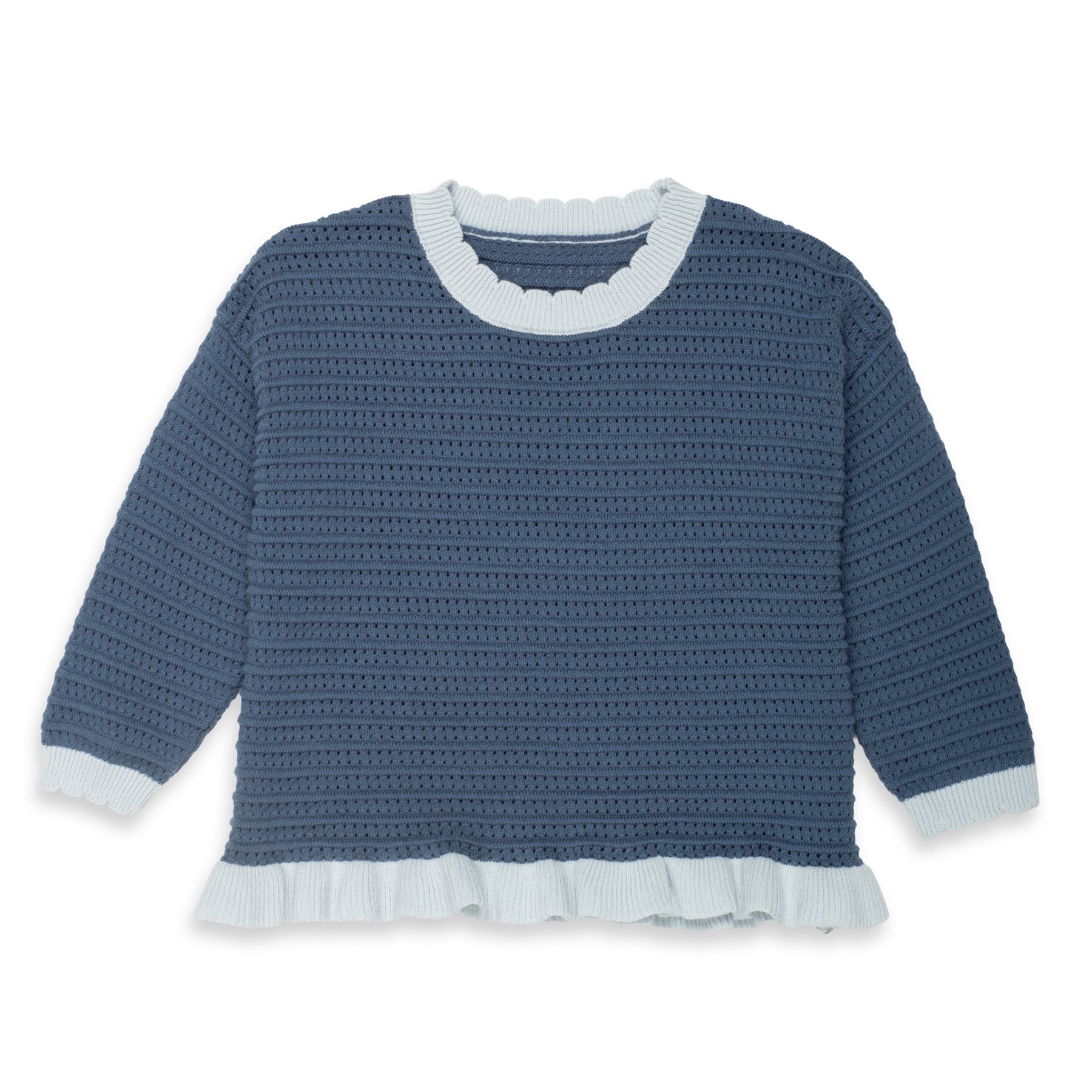 a blue and white sweater