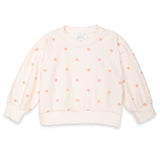 A pale pink long-sleeve crewneck sweatshirt with a pattern of small peach-pink polka dots, displayed flat against a white background.