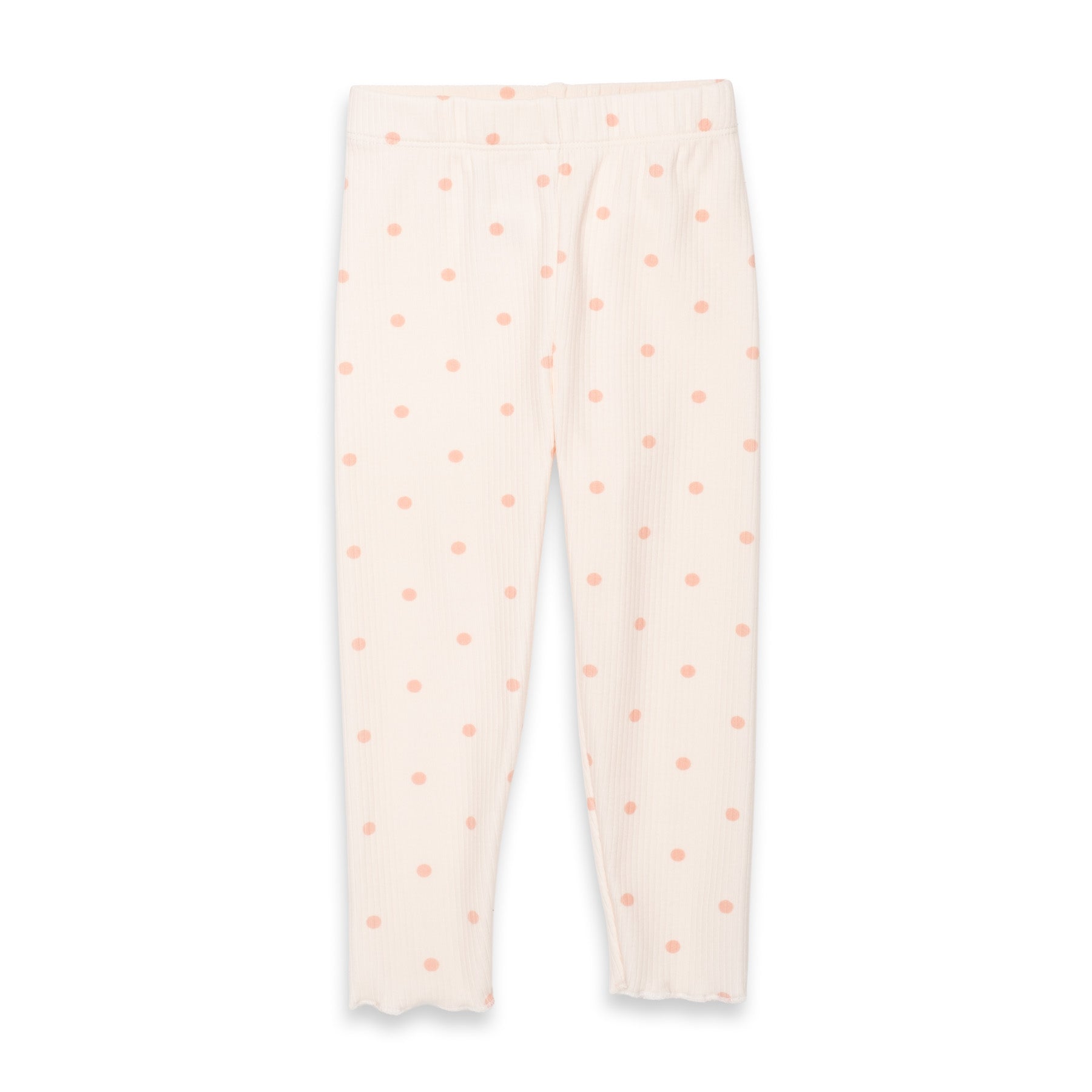 A pair of ribbed knit leggings in a warm off-white/cream color, featuring an allover pattern of small peach-pink polka dots, shown flat against a white background.