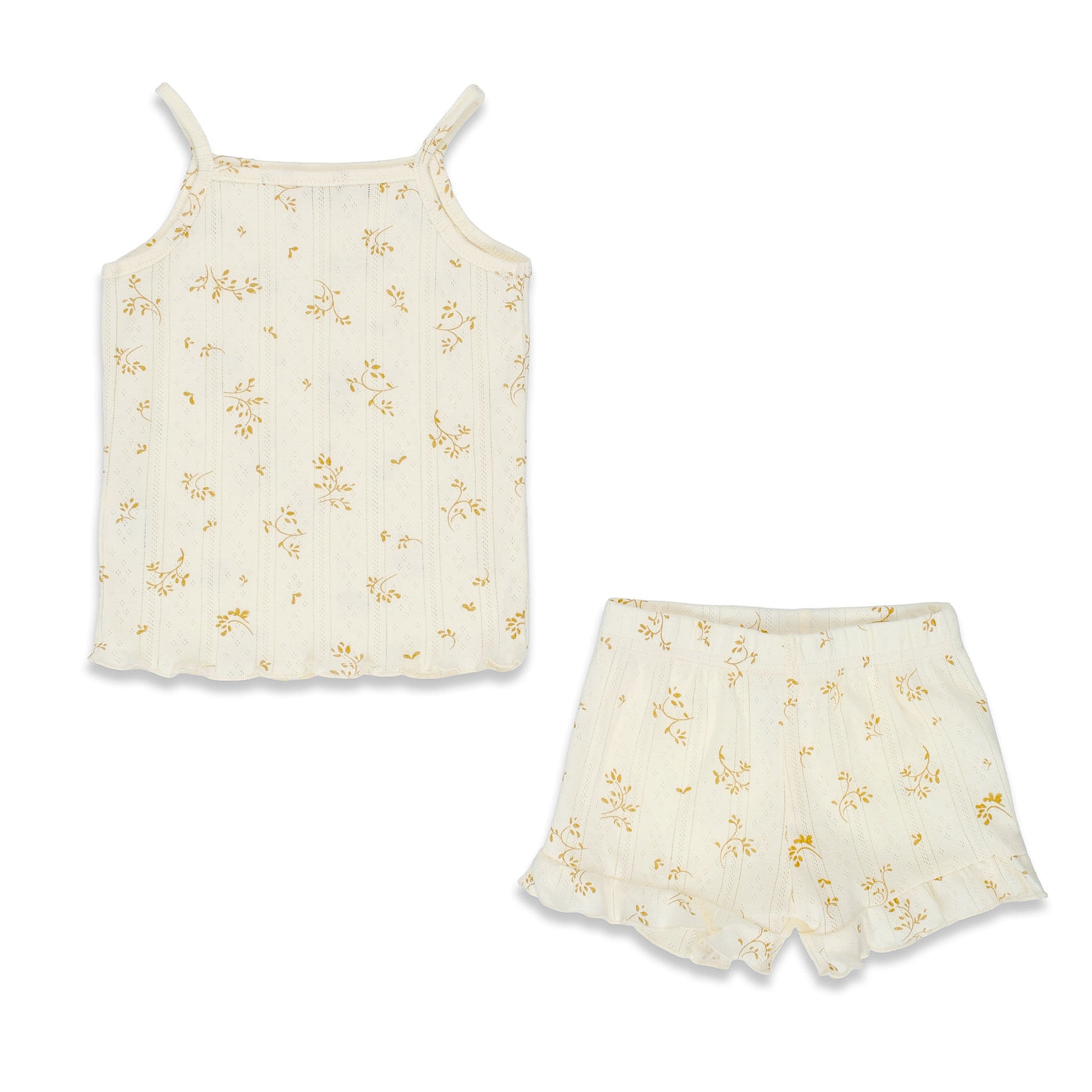 Set of cream-colored top and shorts with brown floral pattern on a white background.