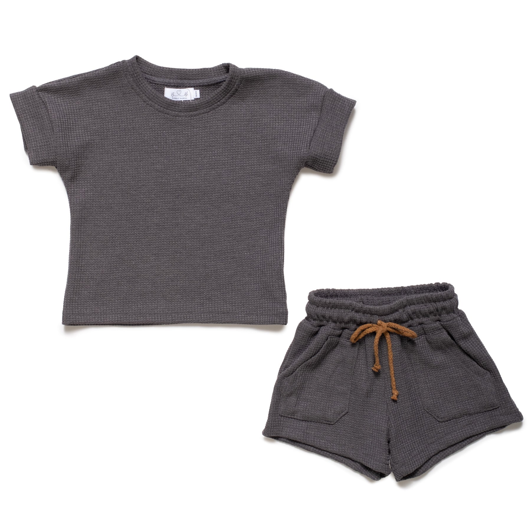 Toddler gray t-shirt and shorts set on a white background