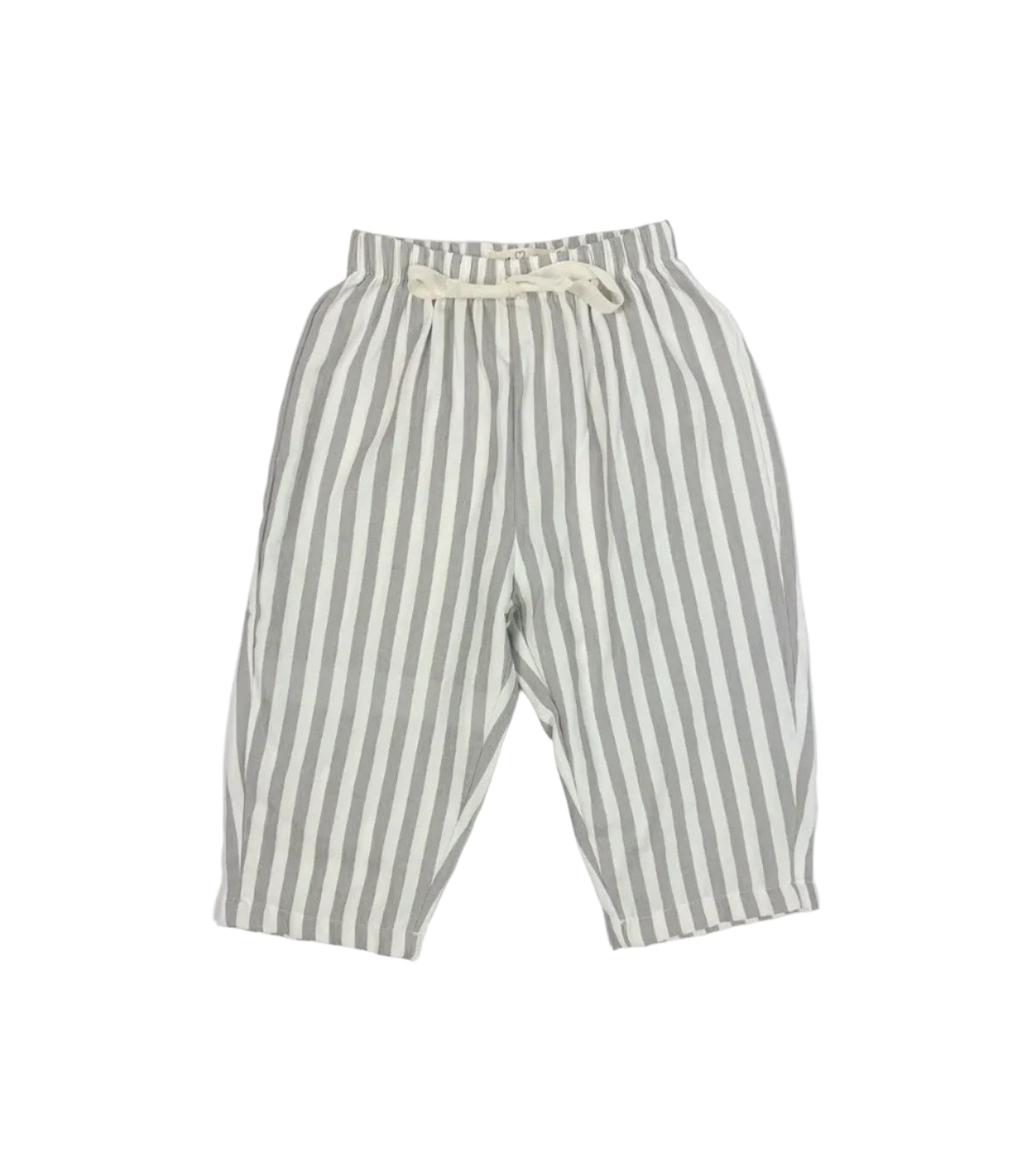 A pair of striped toddler pants with a relaxed fit, featuring a drawstring waistband and a nautical stripe pattern in grey and white.