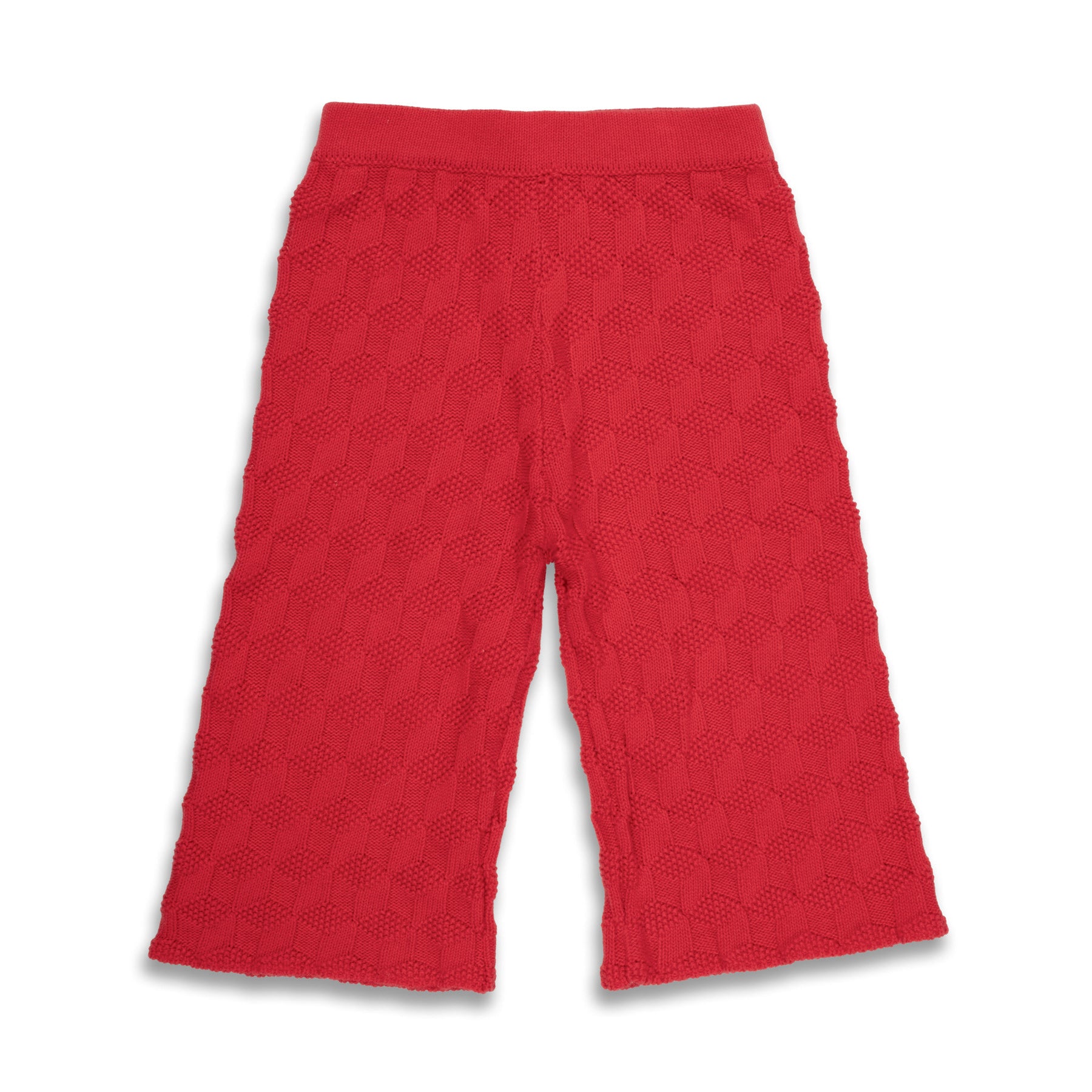 Dark pink patterned pants on a white background.