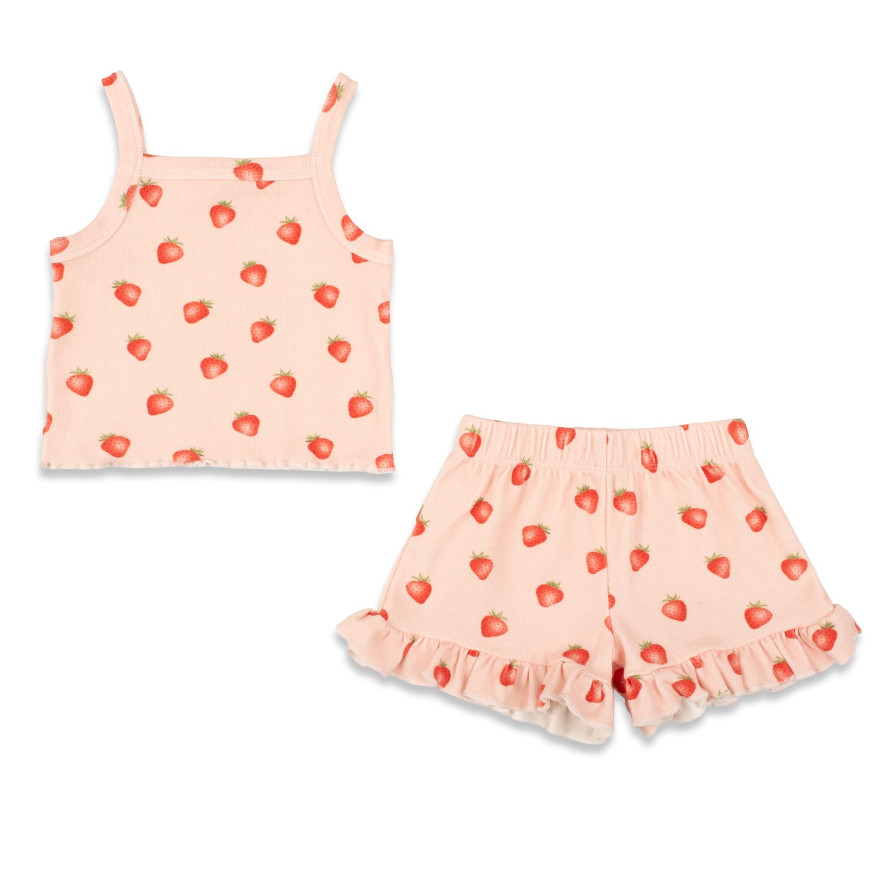 Children's strawberry-patterned tank top and shorts set on a white background