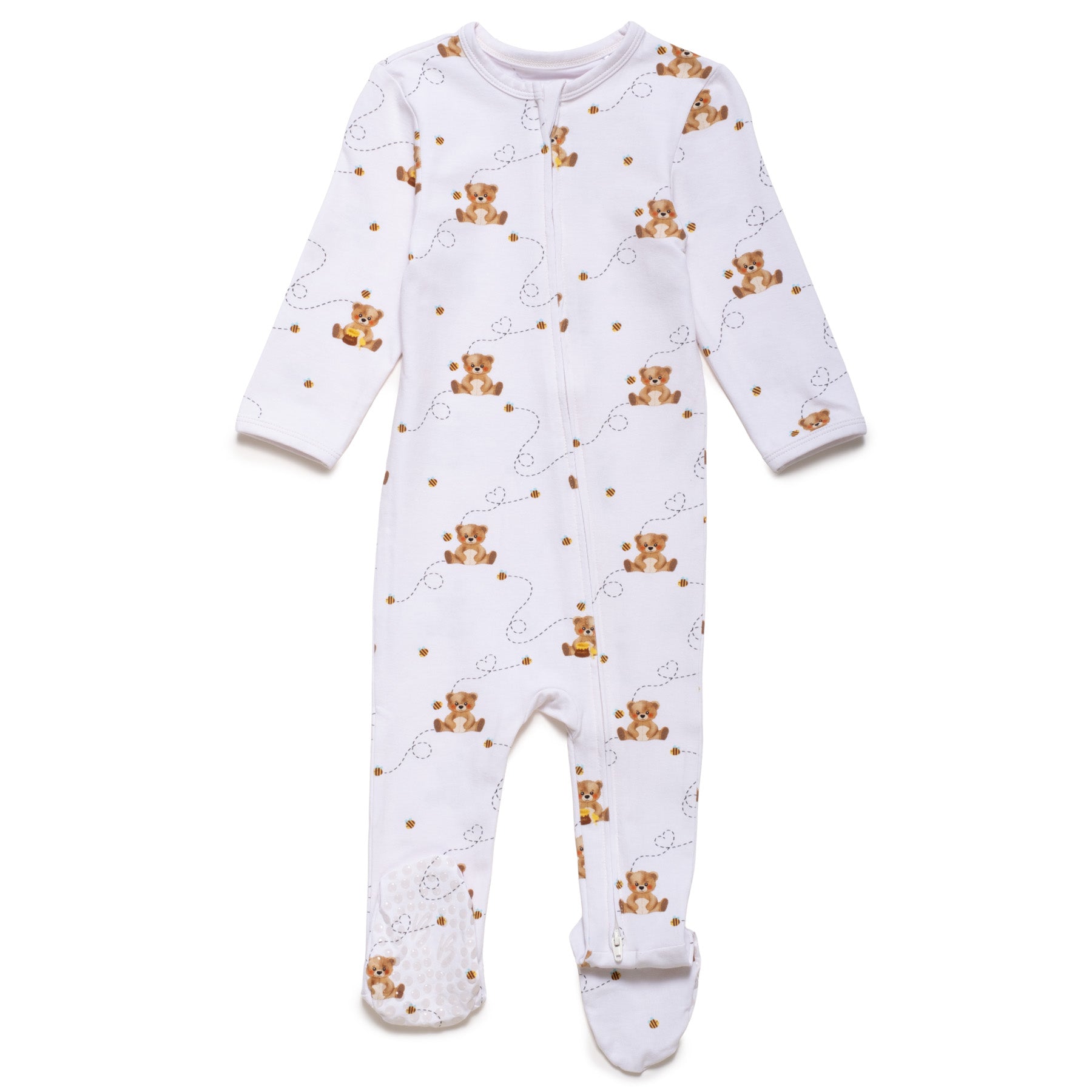 Baby footie with teddy bear pattern on a white background