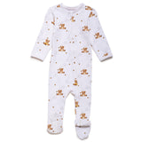 Baby footie with teddy bear pattern on a white background