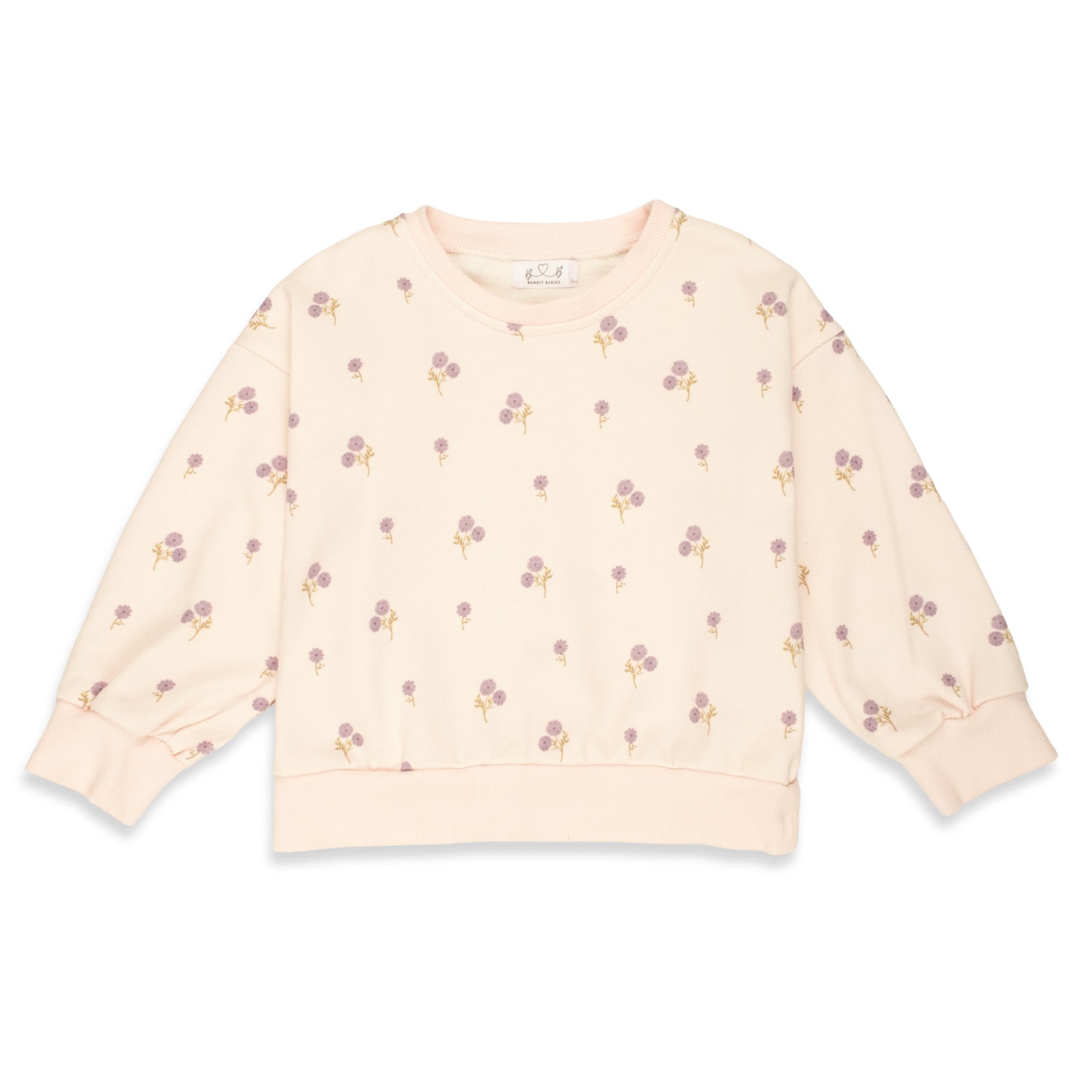 Light-purple toddler sweatshirt with floral pattern on a white background.