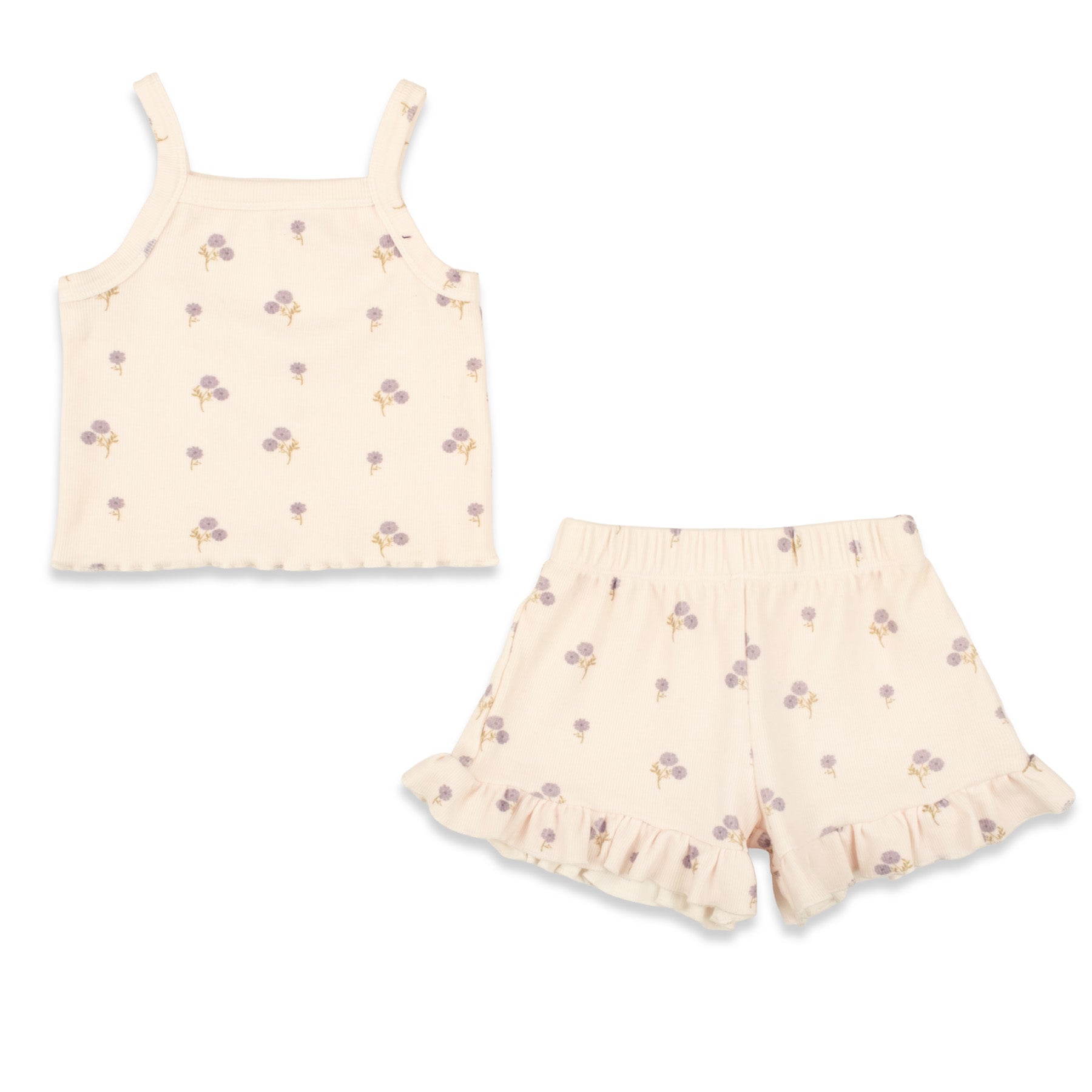Set of light-purple top and matching shorts with floral pattern and ruffle trim on a white background.